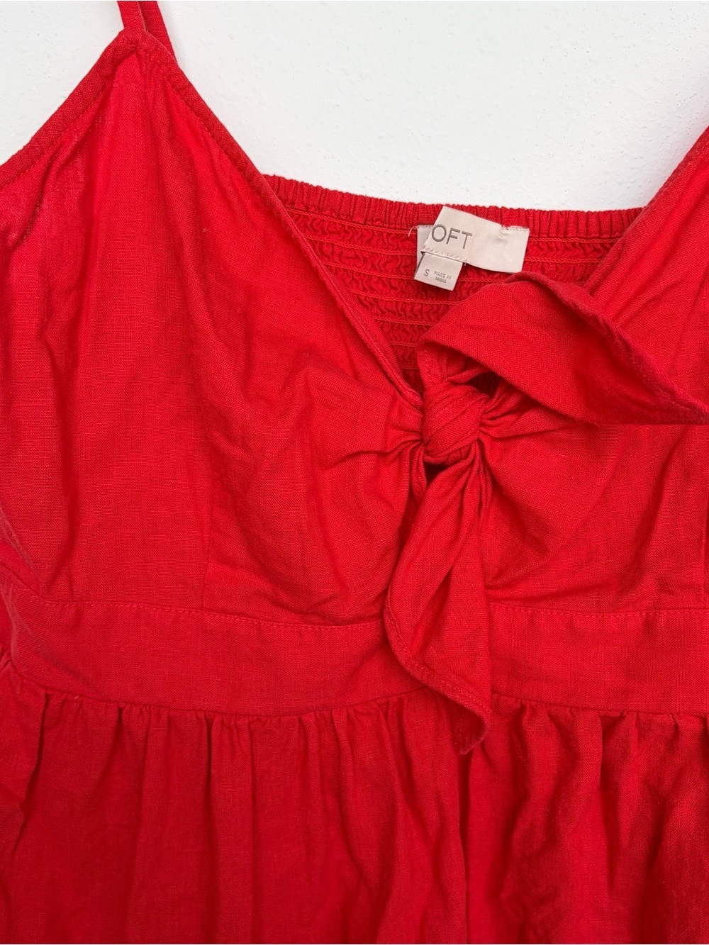 LOFT Red Linen Blend Tie-Front Bow Smocked Back Cami Tank Top Top Size Small - Picture 3 of 7